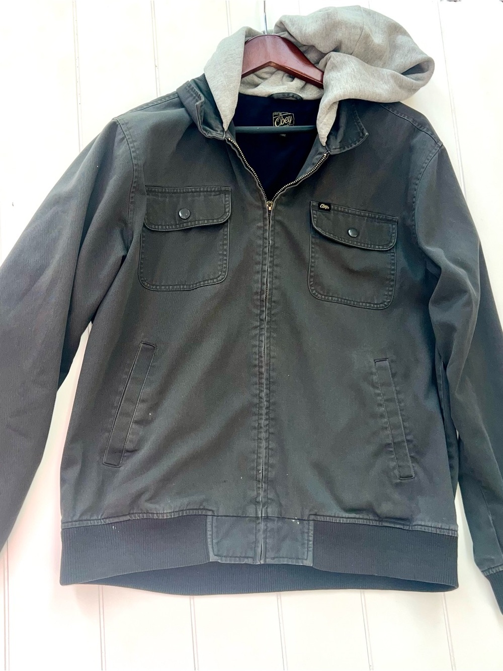 OBEY Men’s Charcoal Canvas Hooded Workwear Jacket L Distressed Streetwear